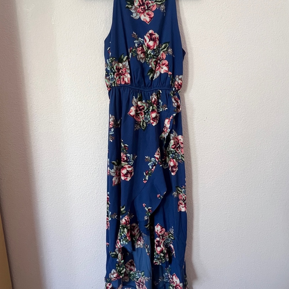 Aqua Blue and Pink High Low Halter Sundress Size M